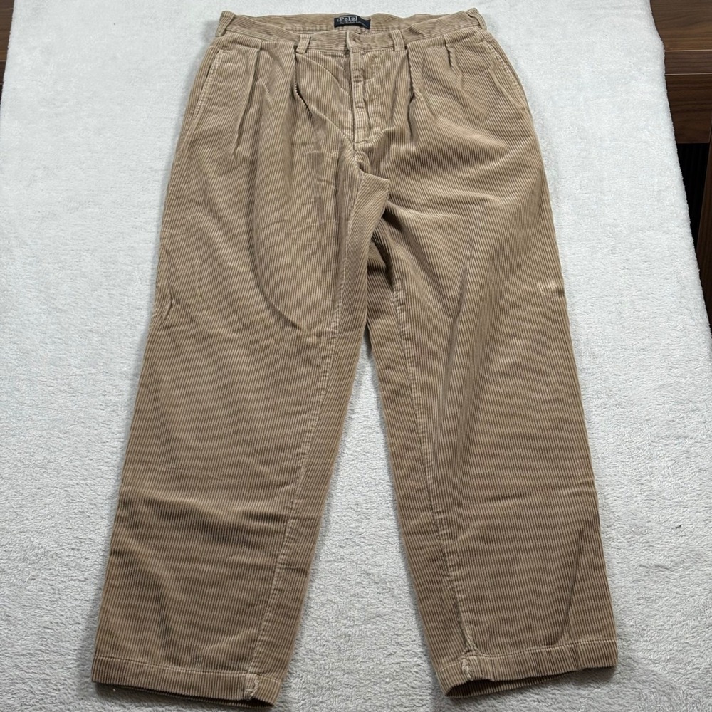 Polo Ralph Lauren Andrew Pant Tan Corduroy Pleated Trousers 34x32 Mens - Picture 2 of 12